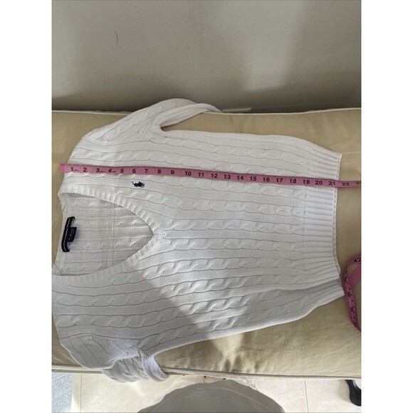 RALPH LAUREN SPORT WOMEN CABLE KNIT SWEATER V NECK COTTON White M - Picture 5 of 10